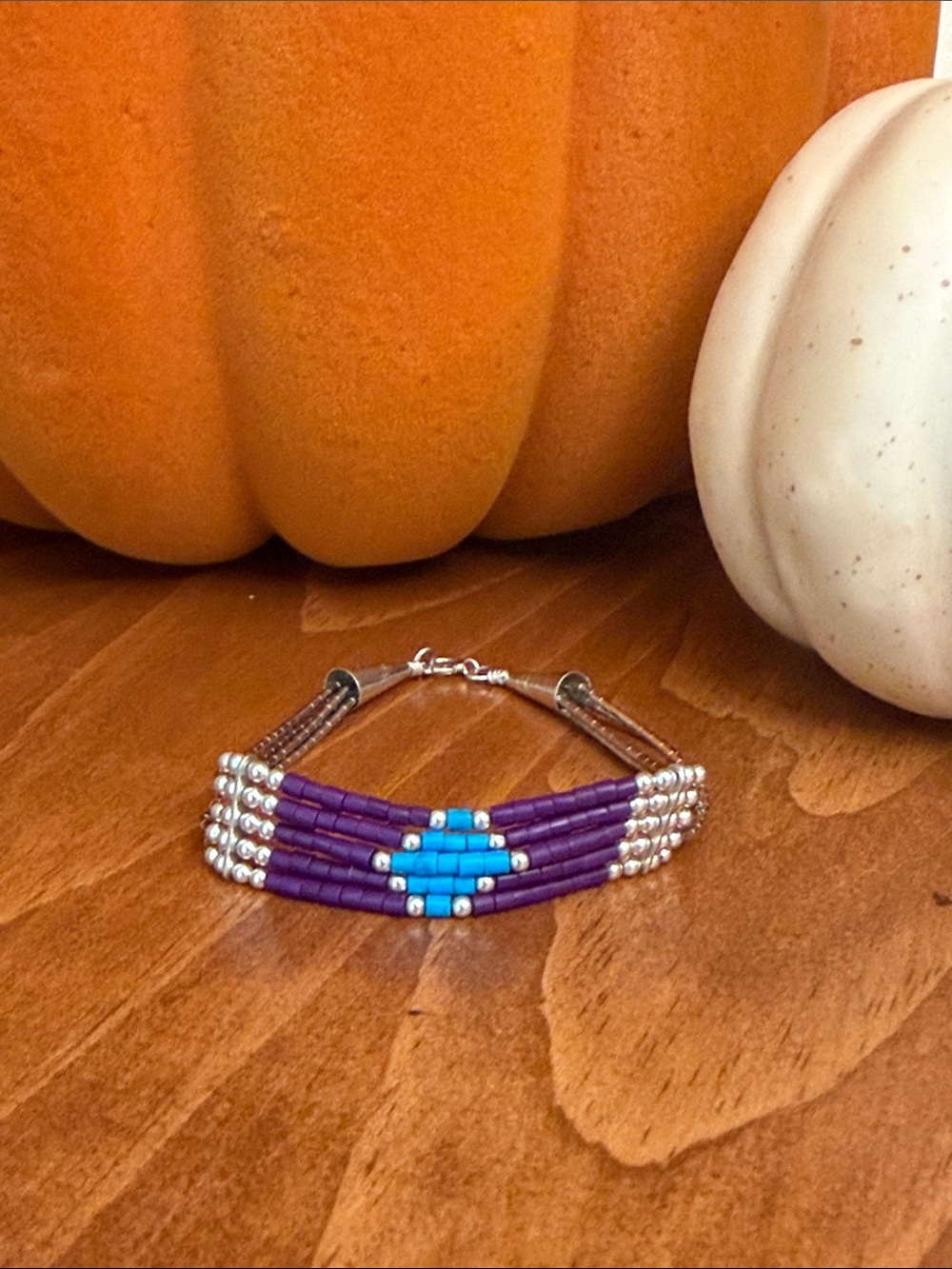 Sterling Silver Handcrafted Purple and Turquoise Beaded Bracelet
